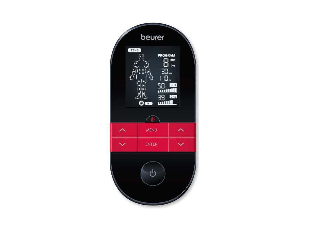 Voorkant van de Beurer EM 59 EMS/TENS-apparaat met warmtetherapie met knoppen en ingeschakeld display