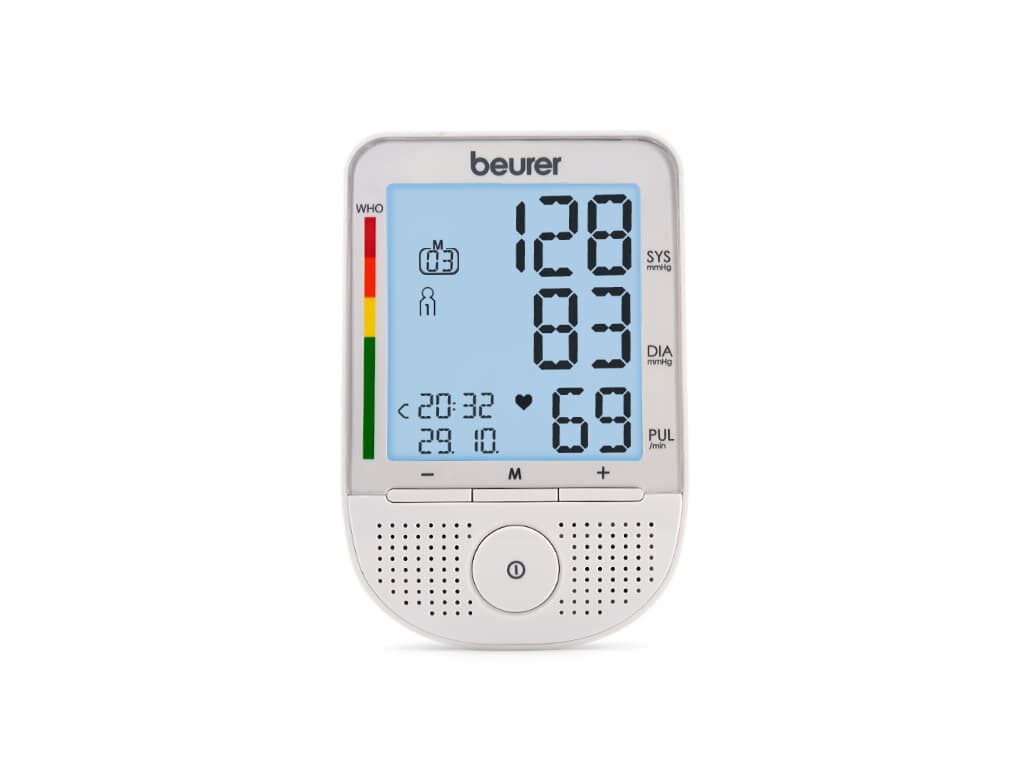 Voorkant van de Beurer BM 49 bovenarm bloeddrukmeter