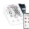 Rossmax X5 BT bovenarm bloeddrukmeter met manchet en smartphone met Rossmax Healthstyle-app in beeld