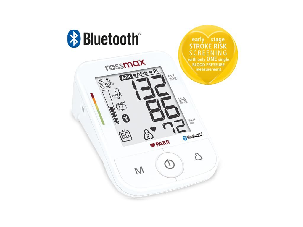 Rossmax X5 BT bovenarm bloeddrukmeter met Bluetooth-icoon en een gele cirkel met de tekst “early stage stroke risk screening with only one single blood pressure measurement” in beeld