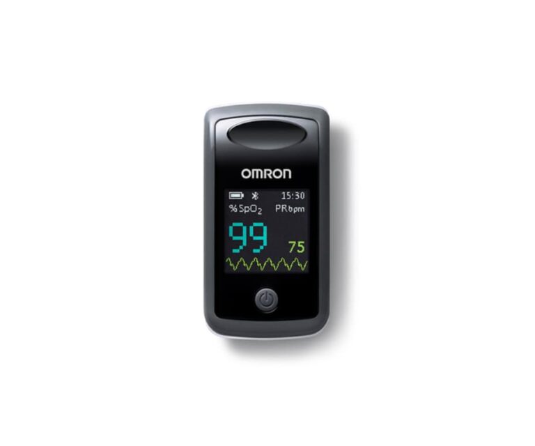 Alternative view of Tweedekans Omron P300 Intelli IT pulse oximeter met smartphone verbinding