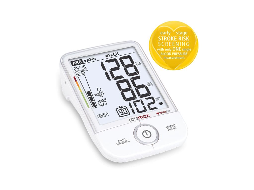 Rossmax X9 BT bovenarm bloeddrukmeter en een gele cirkel met de tekst “early stage stroke risk screening with only one single blood pressure measurement” in beeld