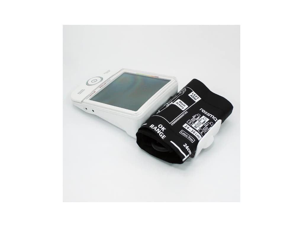 Bovenaanzicht van de Rossmax X9 bovenarm bloeddrukmeter met de manchet bevestigd in de manchethouder