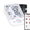Rossmax X9 BT bovenarm bloeddrukmeter met manchet en smartphone waarop de Rossmax Healthstyle-app zichtbaar is