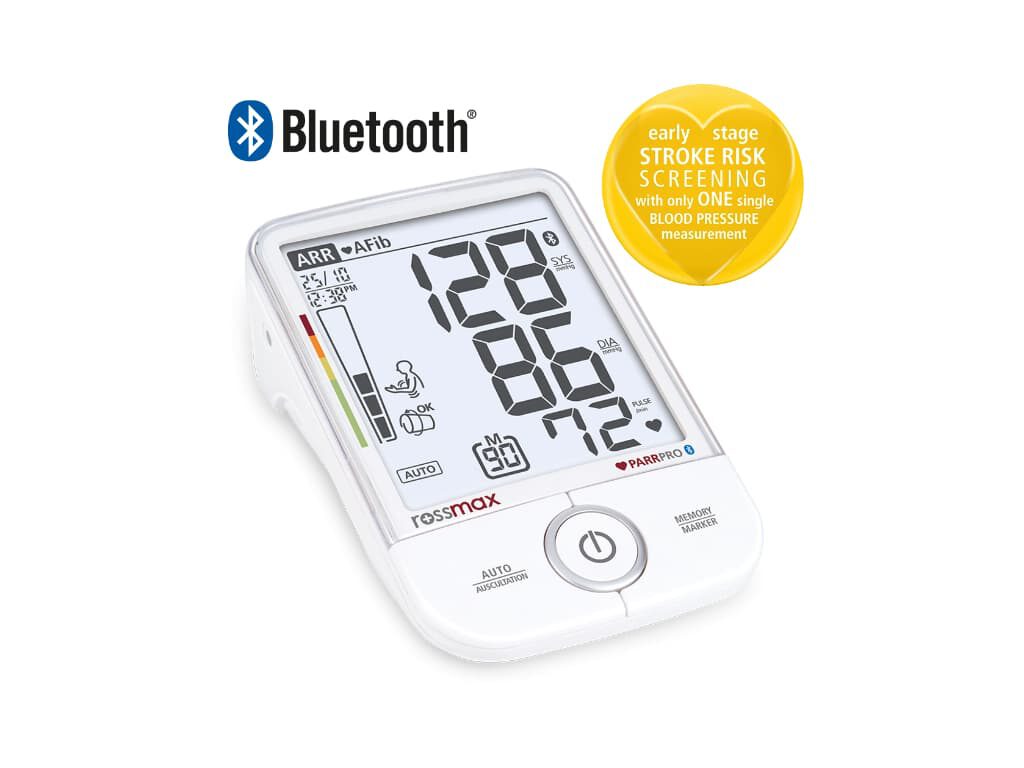 Rossmax X9 BT bovenarm bloeddrukmeter met Bluetooth-icoon en een gele cirkel met de tekst “early stage stroke risk screening with only one single blood pressure measurement” in beeld