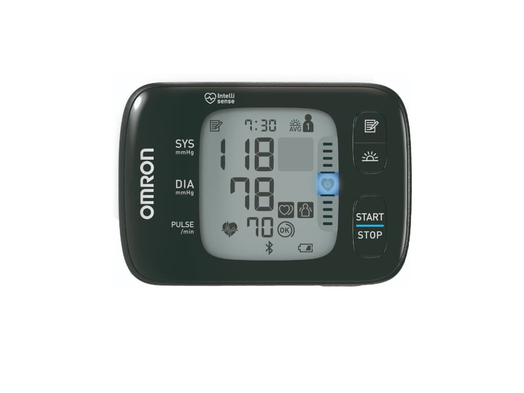 Voorkant van de Omron RS7 Intelli IT polsbloeddrukmeter