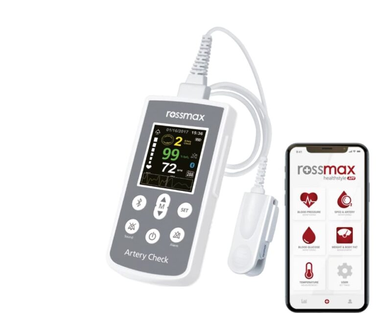 Rossmax SA300 handheld pulsoximeter met slagadercontrole (ACT) en smartphoneverbinding