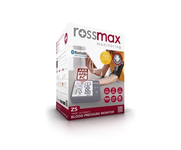 Alternative view of Rossmax Z5 bovenarm bloeddrukmeter met boezemfibrilleren (AFib) detectie en smartphone verbinding