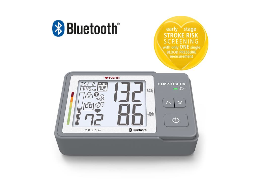 Rossmax Z5 bovenarm bloeddrukmeter met Bluetooth-icoon en een gele cirkel met de tekst “early stage stroke risk screening with only one single blood pressure measurement” in beeld