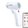 Rossmax HC700 BT contactloze thermometer en smartphone waarop de Rossmax Healthstyle-app zichtbaar is