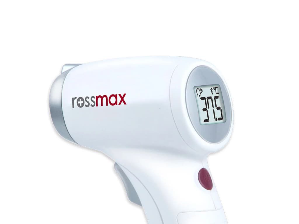 Bovenkant van de Rossmax HC700 BT contactloze thermometer met display, geheugenknop en meetknop