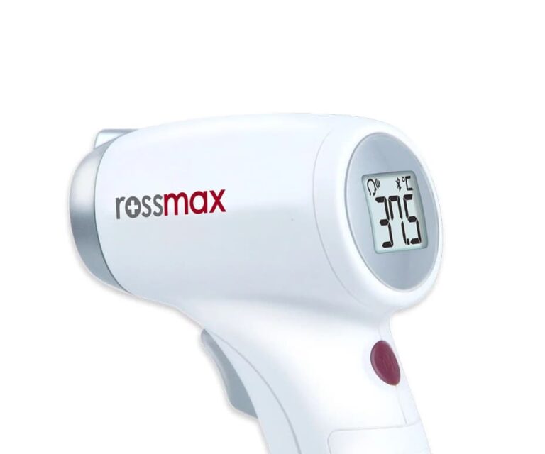 Bovenkant van de Rossmax HC700 BT contactloze thermometer met display, geheugenknop en meetknop