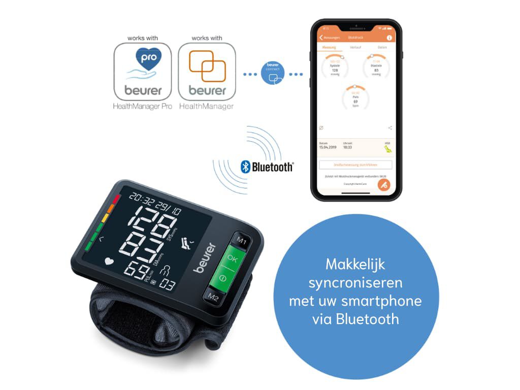 Beurer BC 87 BT polsbloeddrukmeter met smartphone waarop de Beurer HealthManager-app zichtbaar is, met de teksten “works with Beurer HealthManager Pro” en “works with Beurer HealthManager”, Bluetooth- en beurer connect-icoon en een cirkel met de tekst “Makkelijk synchroniseren met uw smartphone via Bluetooth” in beeld