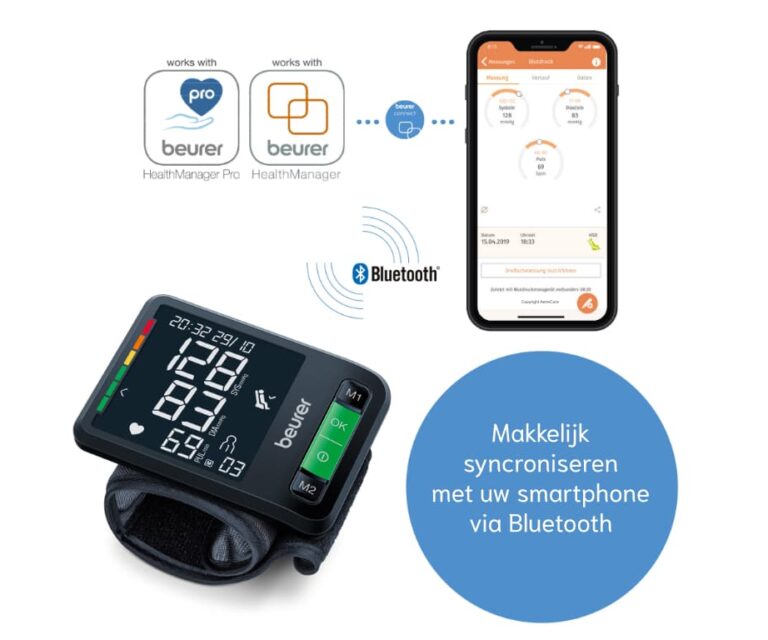 Beurer BC 87 BT polsbloeddrukmeter met smartphone waarop de Beurer HealthManager-app zichtbaar is, met de teksten “works with Beurer HealthManager Pro” en “works with Beurer HealthManager”, Bluetooth- en beurer connect-icoon en een cirkel met de tekst “Makkelijk synchroniseren met uw smartphone via Bluetooth” in beeld