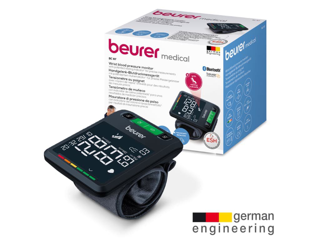 Beurer BC 87 BT polsbloeddrukmeter met doos en de tekst “german engineering” in beeld