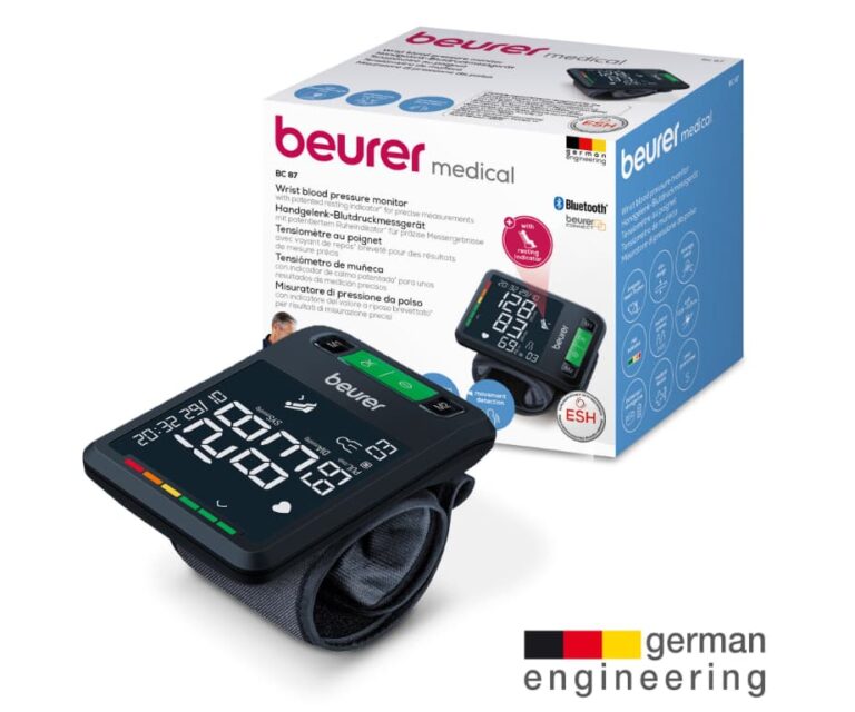 Beurer BC 87 BT polsbloeddrukmeter met doos en de tekst “german engineering” in beeld