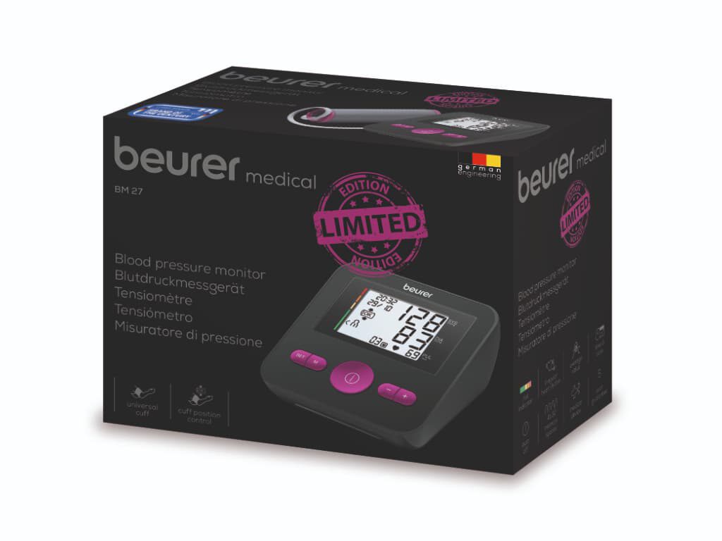 Doos van de Beurer BM 27 Limited Edition zwart/roze bovenarm bloeddrukmeter