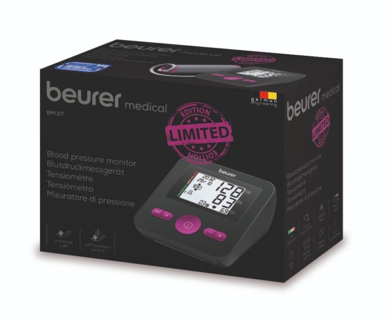Doos van de Beurer BM 27 Limited Edition zwart/roze bovenarm bloeddrukmeter