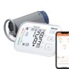 Beurer BM 57 BT bovenarm bloeddrukmeter met manchet en smartphone waarop de Beurer HealthManager-app zichtbaar is