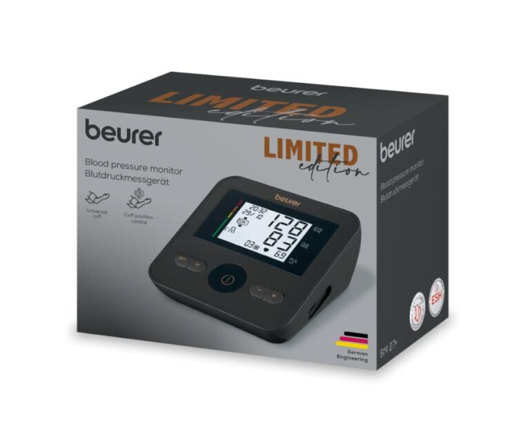 Doos van de Beurer BM 27+ Limited Edition zwart / bruin bovenarm bloeddrukmeter