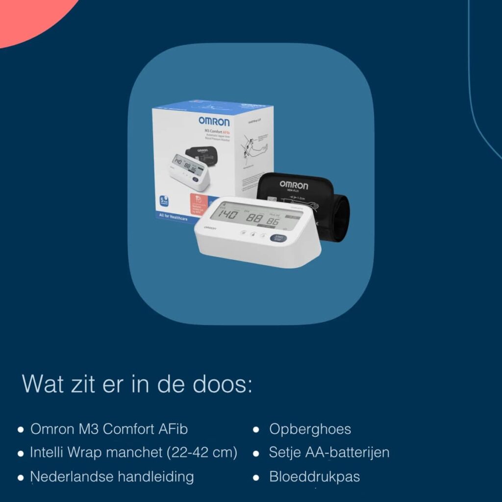 Omron M3 Comfort AFib bovenarm bloeddrukmeter met voorgevormd manchet en doos, met tekst over de doosinhoud