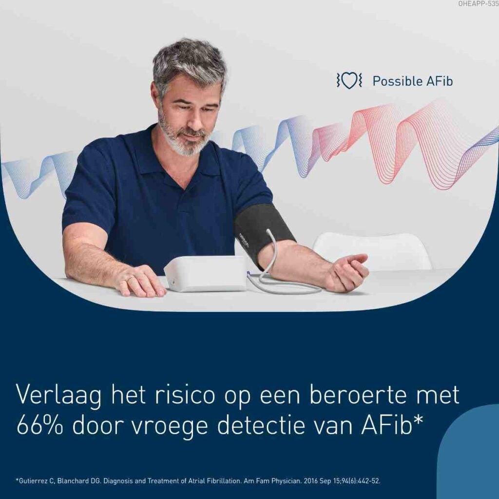 Man meet zijn bloeddruk met de Omron M4 Connect AFib, met grafische hartslagweergave, tekst “Possible AFib” en claim over verminderd beroerterisico door vroege AFib-detectie in beeld