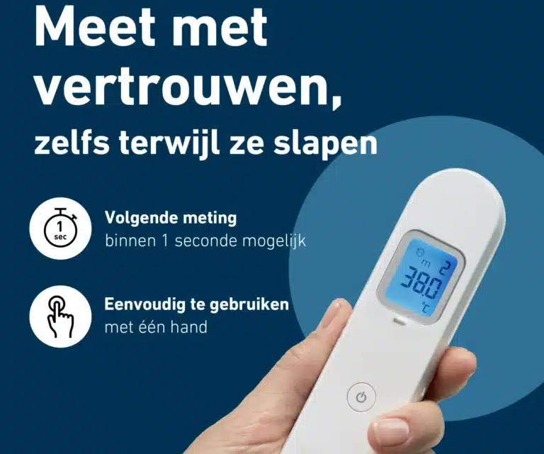 Omron Gentle Temp 730 voorhoofdthermometer in de hand met twee iconen en tekst “Volgende meting binnen 1 seconde mogelijk” en “Eenvoudig te gebruiken met één hand”