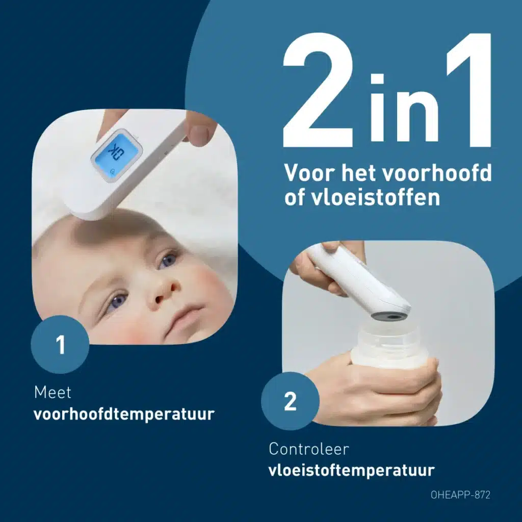 Links: Omron Gentle Temp 730 voorhoofdthermometer bij het voorhoofd van een baby met “OK” op het scherm; rechts: thermometer bij een babyfles met tekst “2 in 1 Voor het voorhoofd of vloeistoffen”