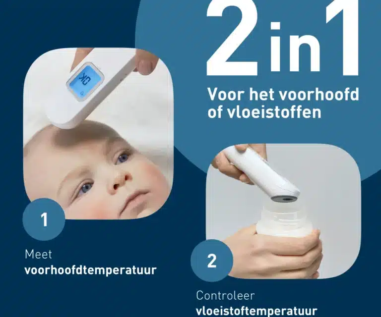 Links: Omron Gentle Temp 730 voorhoofdthermometer bij het voorhoofd van een baby met “OK” op het scherm; rechts: thermometer bij een babyfles met tekst “2 in 1 Voor het voorhoofd of vloeistoffen”