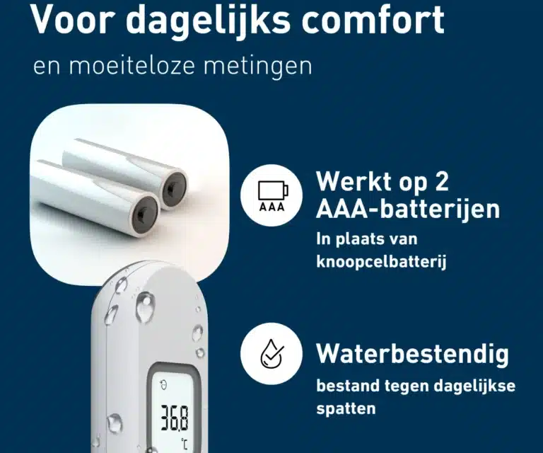 Boven: twee AAA-batterijen met tekst “Werkt op 2 AAA-batterijen”; onder: close-up van het scherm van de Omron Gentle Temp 730 voorhoofdthermometer met waterdruppels en tekst “Waterbestendig”