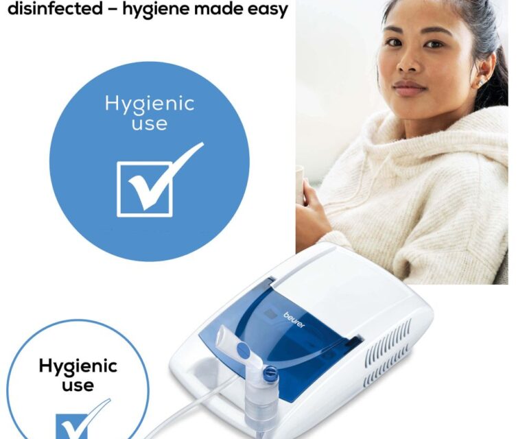 Beurer IH 21 vernevelaar in beeld met een vrouw en een visueel vinkje bij de tekst “Hygienic use”