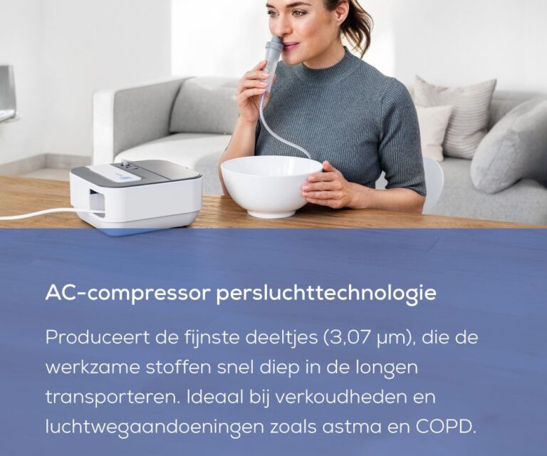 Vrouw gebruikt de neusdouche van de Beurer IH 28 Pro aan tafel met een kom