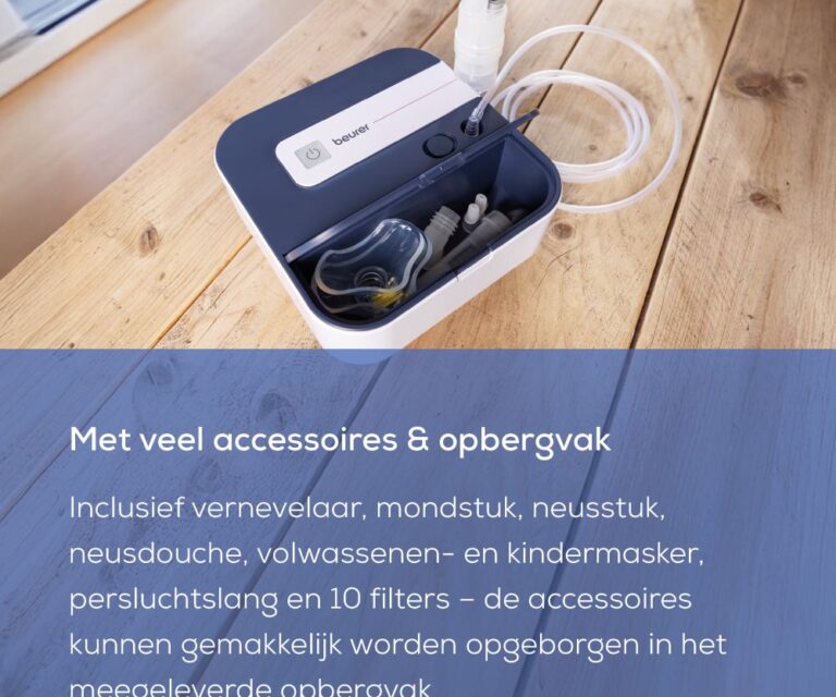Beurer IH 28 Pro vernevelaar met geopend ingebouwd opbergvak en accessoires zichtbaar