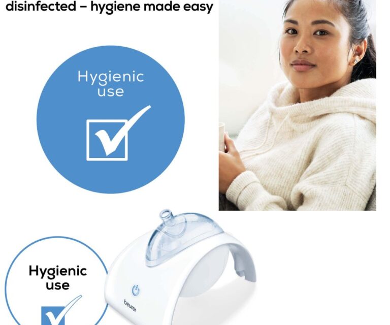Beurer IH 40 ultrasone vernevelaar in beeld met een vrouw en een visueel vinkje bij de tekst “Hygienic use”