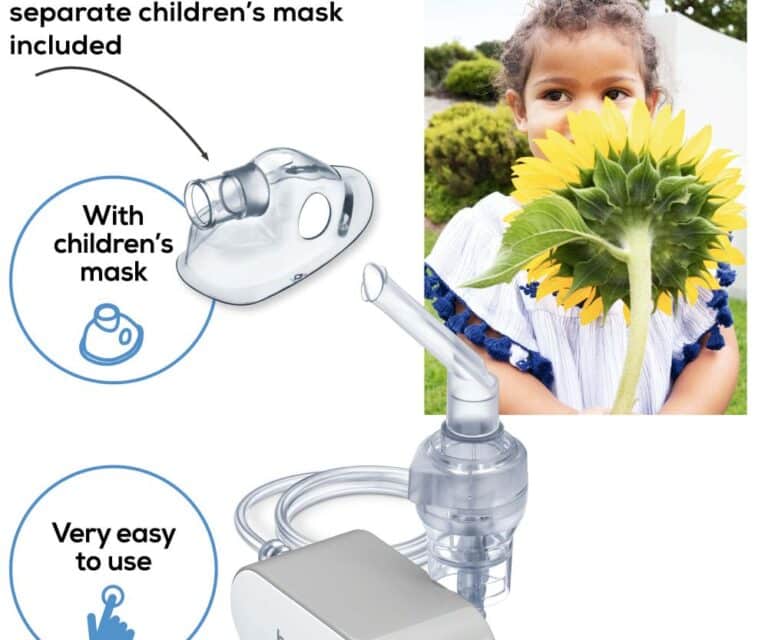 Beurer IH 58 vernevelaar met kindermasker en een kind dat een zonnebloem vasthoudt