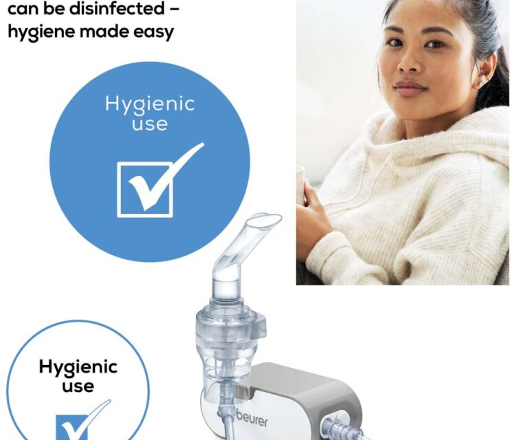 Beurer IH 58 vernevelaar in beeld met een vrouw en een visueel vinkje bij de tekst “Hygienic use”