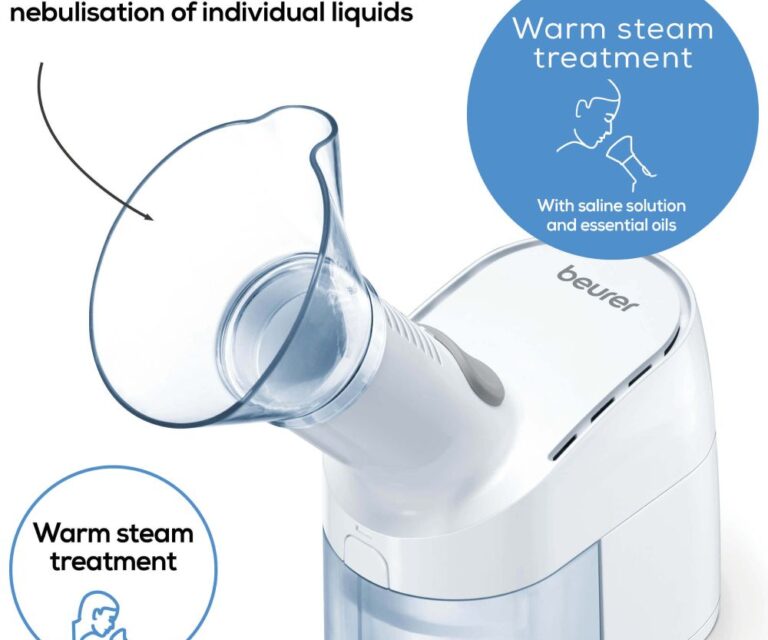 Beurer SI 40 vergroot in beeld met een cirkel met de tekst “Warm steam treatment” en een icoon