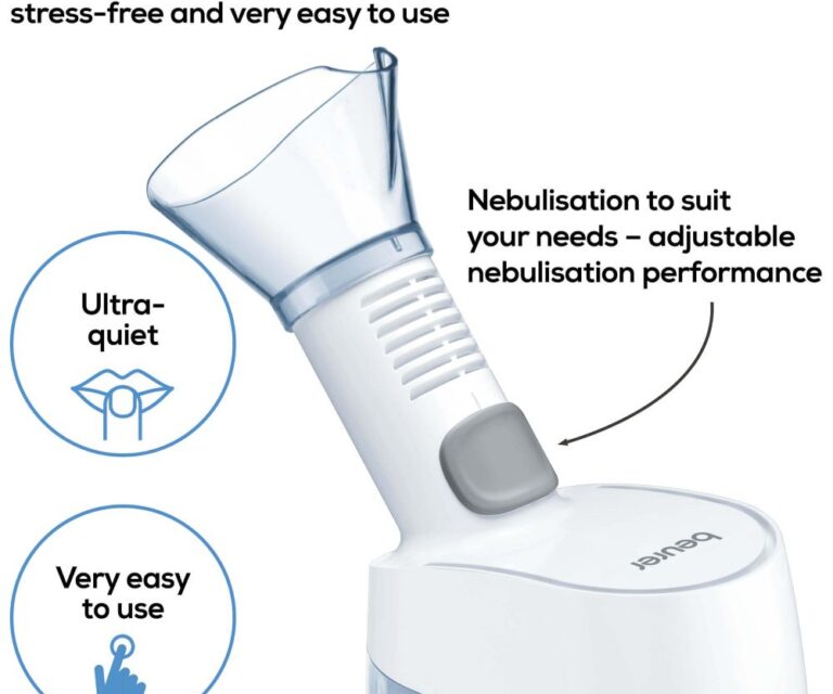 Detailweergave van de Beurer SI 40 met schuifknop en tekst “adjustable nebulisation performance”