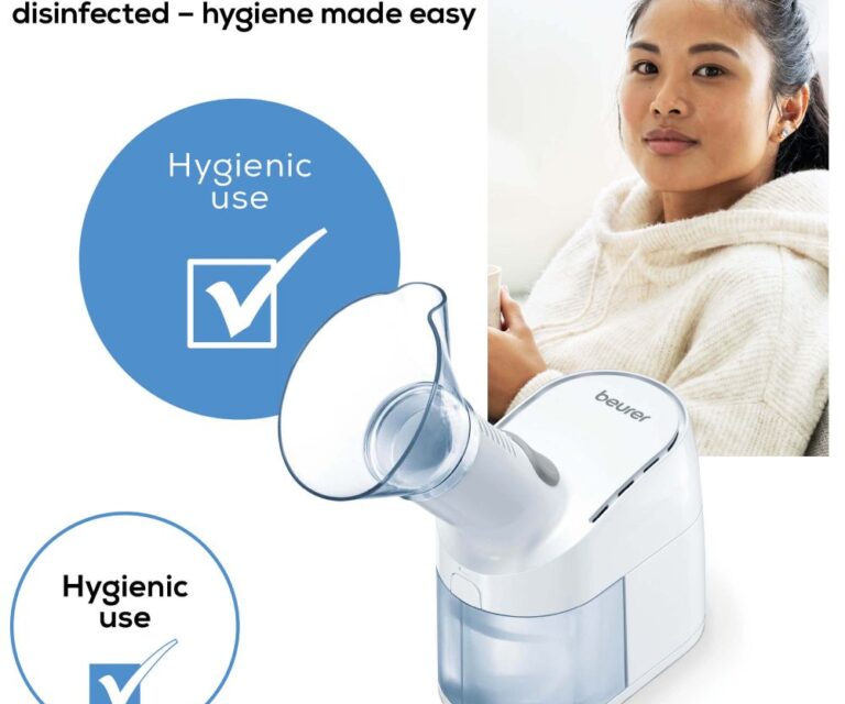Beurer SI 40 stoominhalator in beeld met een vrouw en een visueel vinkje bij de tekst “Hygienic use”