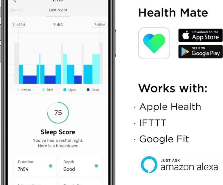 Smartphone met de Withings-app en downloadiconen voor Google Play en App Store